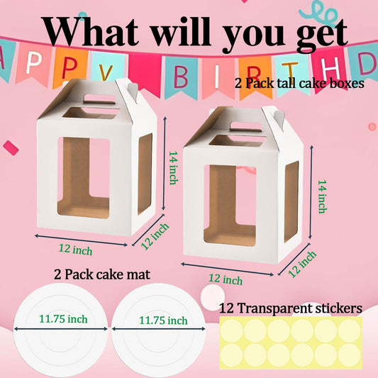 Cake Boxes - 2 Pack Tall Cake Box 12x12x14 Inch Disposable Layer Carrier with 6 Window Large Tierd Cake Out Transport Containers with Handle for Wedding, Birthday, Party